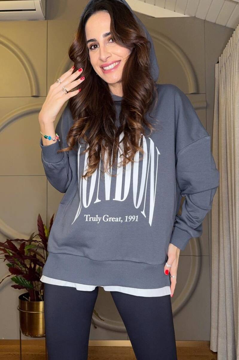 BASKI DETAYLI KAPÜŞONLU SWEATSHIRT - 2