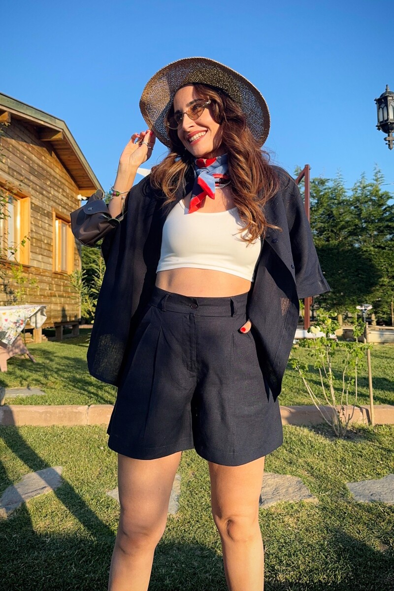 HAM KETEN GÖMLEK VE ŞORT TAKIM LACIVERT