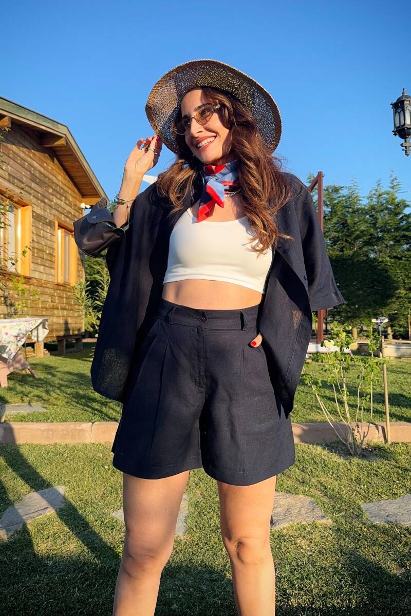 HAM KETEN GÖMLEK VE ŞORT TAKIM - 3
