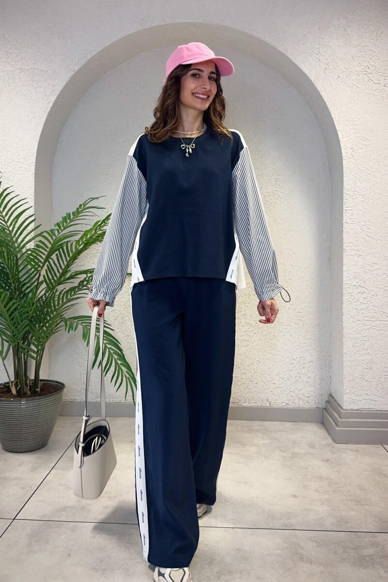 KOLLARI ÇİZGİLİ MODAL SWEATSHIRT LACIVERT
