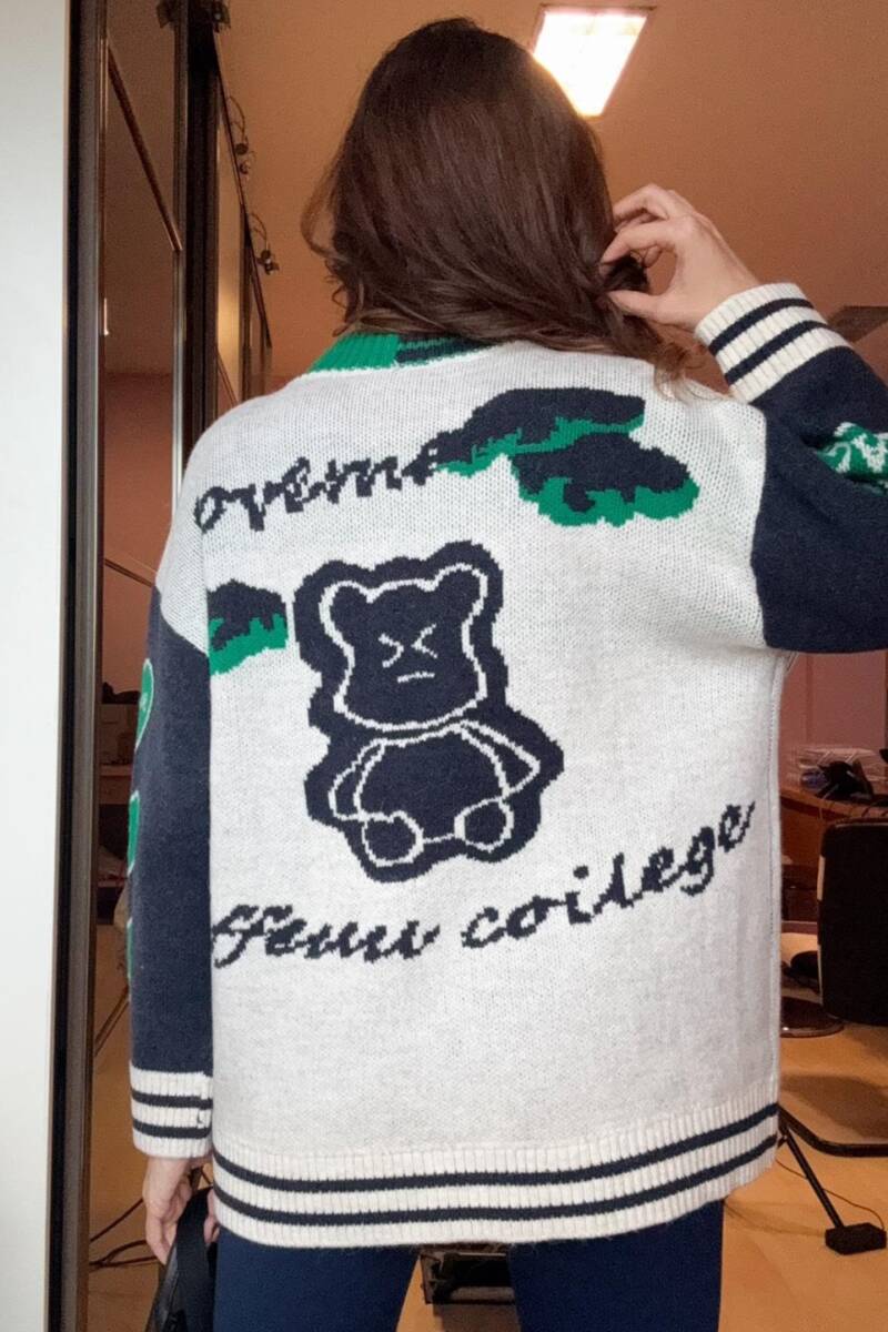 KONTRAST DETAYLI DESENLİ TRİKO HIRKA - 5