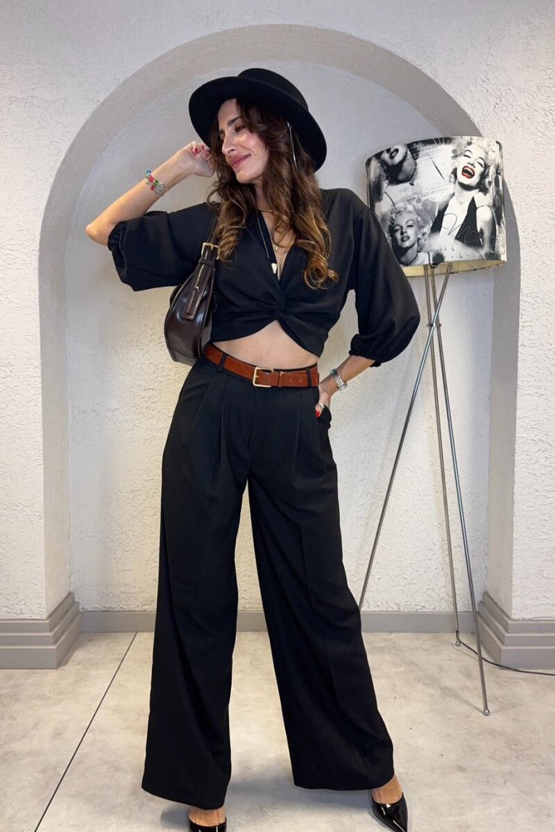 PİLE DETAYLI GENİŞ PAÇA PANTOLON SIYAH