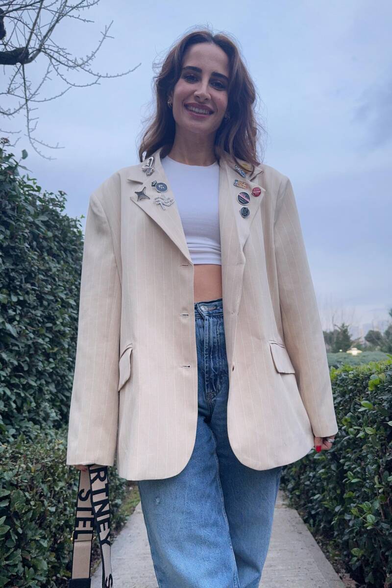 ROZET AKSESUARLI ÇİZGİLİ BLAZER CEKET - 1