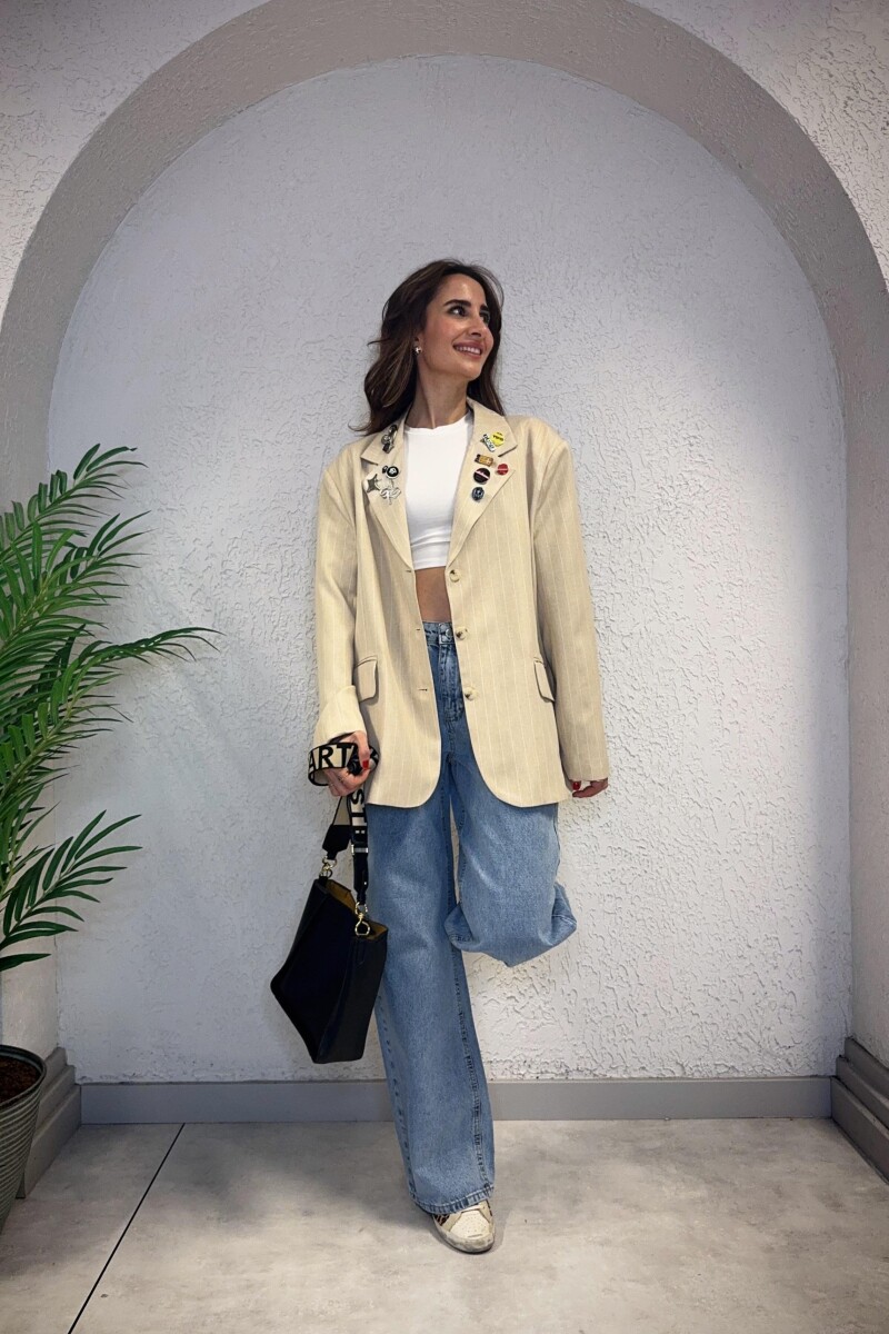 ROZET AKSESUARLI ÇİZGİLİ BLAZER CEKET BEJ