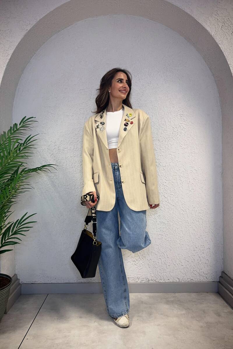 ROZET AKSESUARLI ÇİZGİLİ BLAZER CEKET - 2