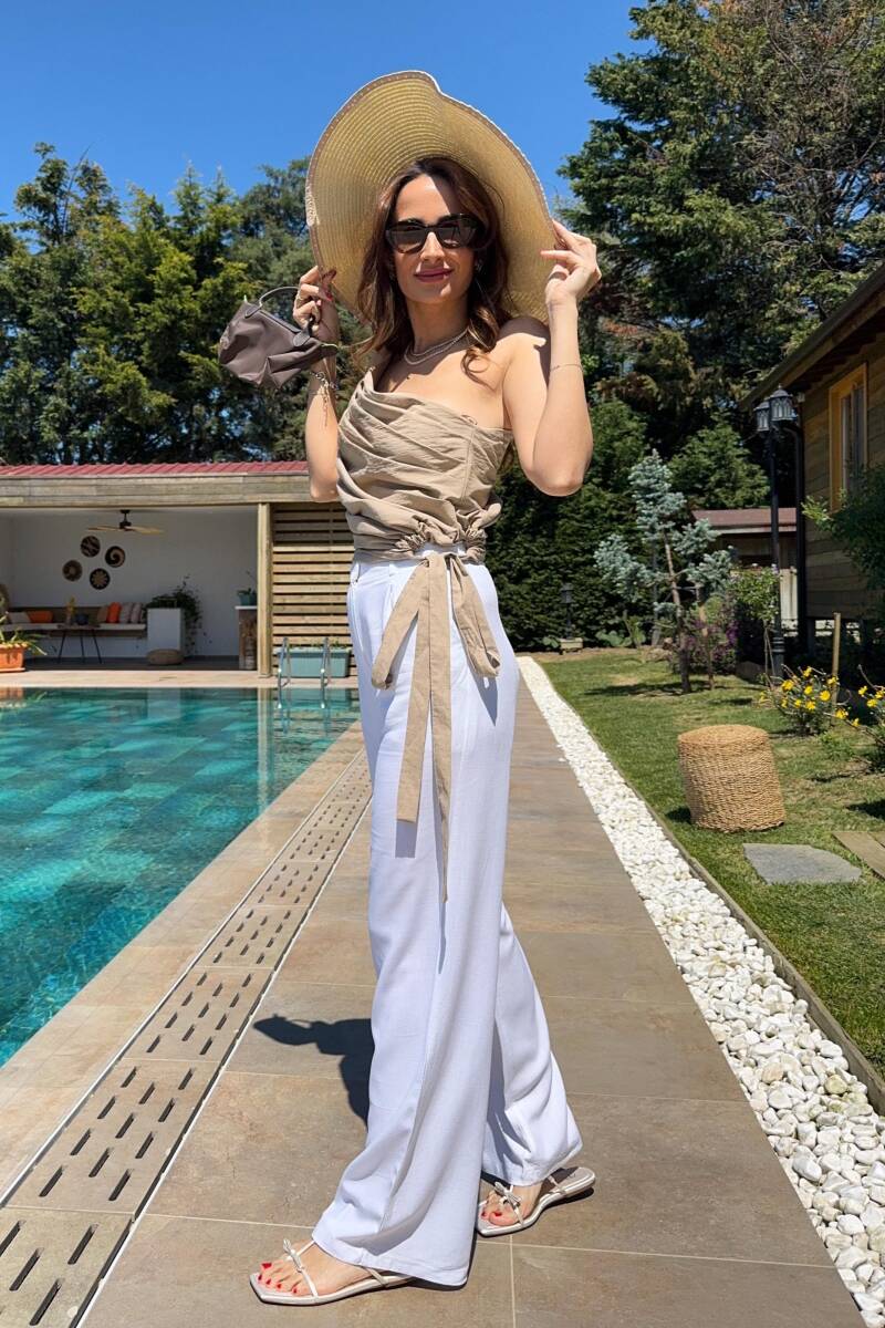 YANDAN BAĞLAMALI KETEN BLUZ - 4