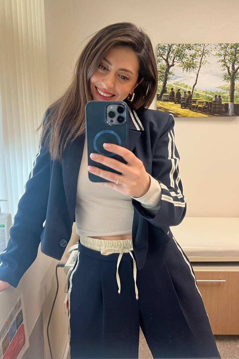 YAZI ŞERİTLİ TEK DÜĞMELİ CROP BLAZER CEKET - 3